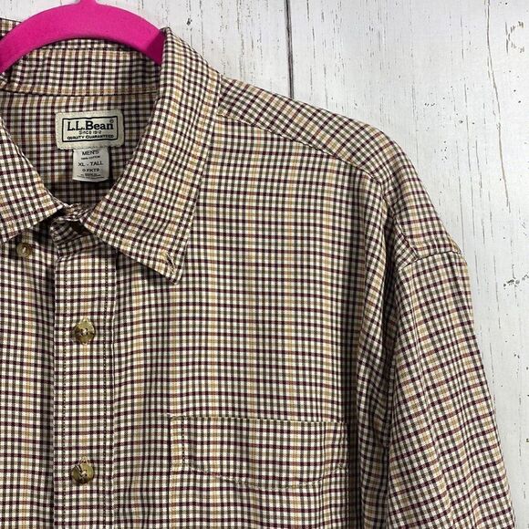 LL Bean Button Up Shirt Men XL Tall Brown Plaid Long Sleeve - Picture 3 of 16